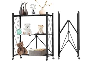 Svkiyang Foldable Storage Shelf Unit on Wheels Large Capacity (No Assembly) Heavy Duty Steel 5-Shelving Organizer Rack for Kitchen, Garage and Laundry Bathroom Tool Organization (3, Black)
