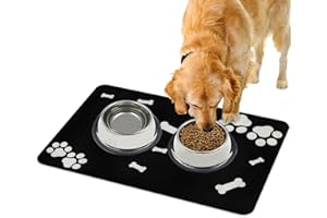 Lurowo Pet Feeding Mat Super Absorbent Dog Cat Food Mat with Rubber Non Slip Bottom Quick Dry Washable Dog Bowl Mat for Floors 40x60cm (Bone Paw Pattern-Pure Black)