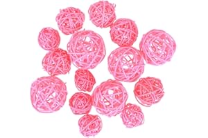 Amosfun 15pcs Wicker Rattan Ball Round Wicker Balls Decorative Balls Vase Fillers for Christmas Wedding Party DIY Craft Decoration 3cm 4cm 5cm (Pink)