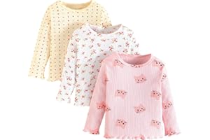 Pilipulu Pack de 3 Niña Camisetas Manga Larga Puños con Volantes T-Shirts Cuello Redondo Tops Básicos para Niños 3-7 años