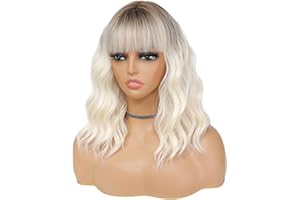 COLORFUL PANDA Colorfulpanda Perruques courtes ondulées avec frange, cheveux synthétiques naturels résistants à la chaleur pour un usage quotidien et le cosplay, 35,5 cm, blond clair et racines marron
