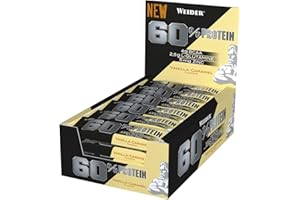 Weider Nutrition 60% Protein Bar Vainilla Caramelo 24 x 45 gr. La barrita con más proteína del mercado. Con 4 g de BCAAs por barrita, Negro