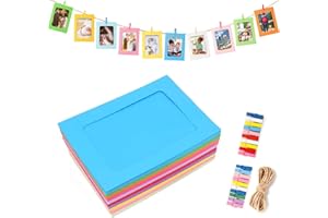 Gyxcelc 20 Stücke Fototaschen zum Aufhängen Bunte 10 x 15 cm Fotorahmen aus Pappe,Fotorahmen Papier Selbstklebende Bilderrahmen zum Foto Netz Klassenraum- mit Holzklammern und Hanfseilen