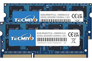 TECMIYO 16GB Kit (2X8GB) PC3L-10600S DDR3/DDR3L 1333MHZ Sodimm 1.35V/1.5V CL9 204 Pin Non-ECC Unbuffered Laptop Memory RAM for iMac MacBook Pro Mac Mini