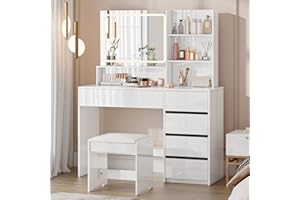 LUXOAK Hochglanz Schminktisch mit LED Spiegel und Hocker – Schminktisch Set mit 5 Schubladen & 4 offenen Fächern, weißer Kosmetiktisch mit Sitzgelegenheit für Schlafzimmer & Ankleidezimmer