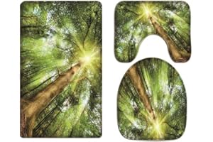 A.Monamour Badezimmer Badematte 3 Teilig Set Sonnen Durch Grüne Bäume Wald Natur Scenic Kissen Pads Badematte Teppich Flanell Saugfähig Badteppiche Badvorleger Badgarnitur WC Vorleger