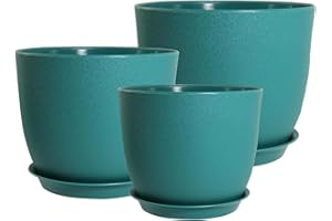 PROFIKLA 20cm, 18cm, 16cm Plastic Plant Pots, Plant Pots with Drainage Holes and Saucers, A Set of 3 Flower Pots, Modern Decorative Planters, Blue