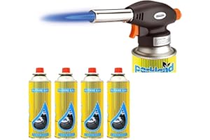 DEEJAAH Blow Torch with 4 Butane Gas Cans – Auto Ignition, Adjustable Flame, Kitchen Blow Torch with Heat Capacity of Upto 1300° C, Flamethrower Soldering Torch Lighter for Camping, Cooking, Kitchen & BBQ