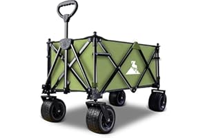 Topwell Collapsible Folding Wagon Cart, Outdoor Utility Garden Cart, Heavy Duty Camping Wagon with Big Wheels，Foldable Wagon for Sports, Shopping, Fishing and Beach(Green)