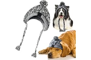 Haustier Pompom Strickmütze, FainFun Gestrickte Warm Winddicht Hundemütze, Winddichte Haustier Kopfbedeckung für Winter, Graue Gestrickte Hund Kappen, Flauschige Warme Hundehut mit Langem Zopf, L