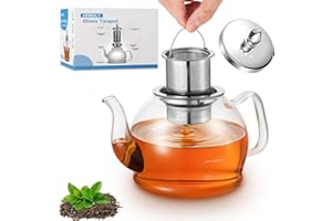 HEMOLY 1,2L Teekanne aus Glas, Teekanne Glas, Teekanne mit Siebeinsatz für losen Tee & Teebeutel, Glasteekanne mit Abnehmbare Edelstahl-Sieb Herdplattensichere Teekanne aus Glas