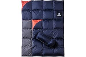OneTigris Couverture de Camping en Duvet imperméable - 5 à 25 °C - Légère - pour Le Camping, la Chasse, la randonnée - 195 x 135 cm - Bleu