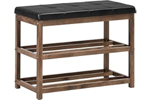 COSTWAY Shoe Storage Bench, 2/3 Tiers Shoes Rack Stool with Cushioned Seat, Home Living Room Bedroom Hallway Entrance Shoe Stand Shelves Organiser Unit (Rubber Wood Frame, Brown+Black)