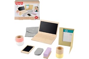 Fisher-Price Domowe biuro malucha Zestaw drewnianych zabawek z 9 elementami, w tym zabawka laptop i zabawka komórka do zabawy w naśladowanie dla dzieci od 3 roku życia, HXV11
