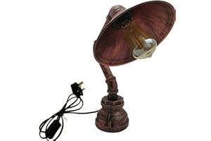 LEDSone Vintage Industrial Steampunk Lampa Stołowa Rustykalna Czerwona Fajka Wodna Lampka nocna Biurko do Sypialni, Gabinetu [Klasa energetyczna A++] (Lampa stołowa z abażurem)