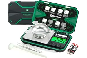 UNIWEIGH Milligramm-Waage Präzision 0,001g/50g, Digitale Schmuckwaage für Pulver, Münzen, Gold, Edelsteine, Nachladen, Feinwaage mit 6 Einheiten, Tara, Kalibrierungsgewicht, Taschen-Mg-Waage
