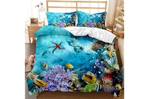 AOXHFNV Bettwäsche für Meeresschildkröten 135×200cm Blaue Unterwasserweltthemastarfish kleine Fische und korallenroter Musterbettbezug für Kinder Junge Mädchen (Seestern)
