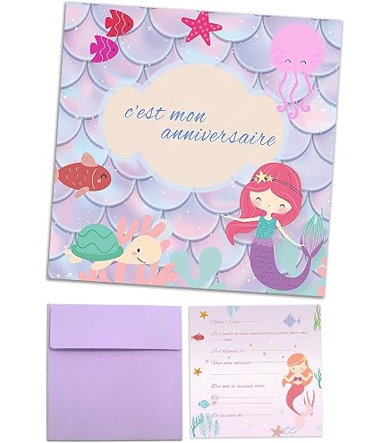 12 Cartes D'invitation Sirène Pour Anniversaire Fille - Avec Enveloppes Et Autocollants, 14x10 Cm - 9