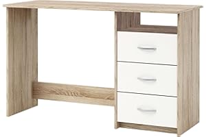 Miroytengo Mesa Escritorio Reversible 3 Cajones, Mesa Ordenador Juvenil, Roble y Blanco 123 cm