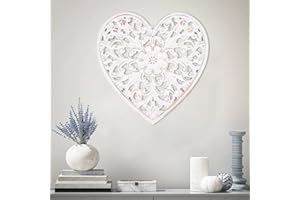 GUIJZSLTRG Wood Wall Panel Hanging Decor, 30*30cm Heart-shaped & Square Decorative Carved Floral-Patterned Distressed White, Rustic Wall Art Sculpture Home Wall Ornament for Hallway Living Room Cafe Office