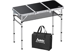 Anbte Tavolo Pieghevole da Giardino Campeggio 88 * 40 * 69cm,Tavolino da Balcone 3 Regolabili in Altezza in Alluminio con Rete da Interno/Picnic/Barbecue/Spiaggia/Truccarsi-Nero
