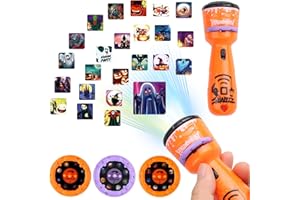 JOFONY Linterna de Halloween para niños, proyector de diapositivas con 24 imágenes temáticas de Halloween, incluye 1 linterna y 3 discos, tamaño 11,5 cm x 4 cm
