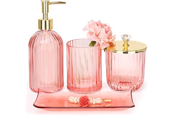 Badrumstillbehör set, 4 st badrumstillbehör i glas komplett med lotion tvåldispenser, tandborsthållare, apotekare burk, sminkbricka, modern badrumsdekor, present till lägenhet
