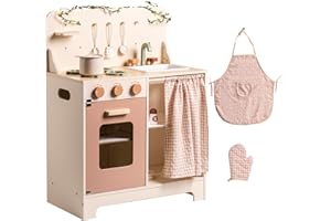 ROBOTIME Cucina per bambini in crema rosa con grembiule, guanto, forno e rubinetto, con tenda per giochi di ruolo interattivi, ideale per bambine dai 3 anni in su