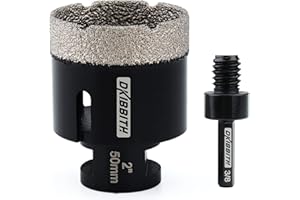 DKIBBITH 50mm Dry Diamond Core Drill Bit, Tile Hole Cutter, Angle Grinder Hole Saw for Porcelain Ceramic Granite with M14 Thread & 10mm Hex Shank Drill Adapter
