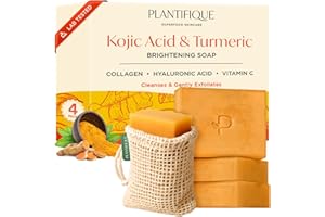 PLANTIFIQUE Kojic Acid Soap - Jabón de Curcuma y Acido Kojico, 4 Barras Jabon Cara para las Manchas, con Vitamina C Ácido Hialurónico y Colágeno - Turmeric Soap 320 g