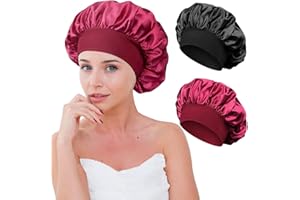 KUAOWT Cuffia Seta Capelli Notte, 2 Pezzi Cuffia in Seta per Dormire Capelli Ricci Lunghi Protezione, Silk Bonnet Regolabile Berretto da Notte Raso con Elastico per Donna Bambina (Rosso Vino, Nero)