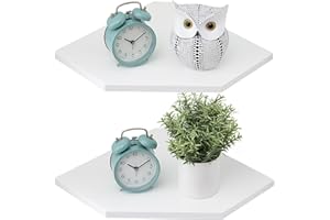 GIEANOO Set di 2 mensole angolari bianche in legno massello di quercia bianca, mensole ad angolo galleggianti, organizer da parete con foro per filo metallico, per esporre piccole piante, per cucina,