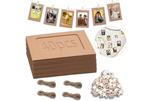 Ziamzra 40 Stück Braun Fotogirlande 10x15 cm Fotos Aufhängen DIY Kraftpapier Bilderrahmen 40 Stück Kleine Klammern für Fotos Aufhängen 4 Stück Fotoleine für Party Geburtstag Hochzeit Wand Deko