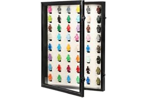 VERANI Minifigure Display Case - Large Wall Mount Lockable Figure Memorabilia Display Cabinet with Block Base Foot Supports and Real Glass Panel for Builiding Minifigures Small Objects Collection