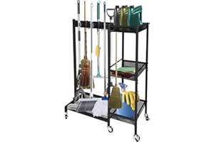 CISSIYOG Carro de Limpieza 3 Estantes, Soporte para Escobas y Organizador Móvil con 6 Ruedas, para Hogar, Hotel, Escuela (Carga 50kg)