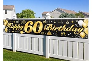 ARMBRACEN 60. Geburtstagsfeier Dekorationen Banner für Männer und Frauen, wesentliche Dekoration für 60. Geburtstagsfeier, Lange Größe Schwarz und Gold 60. Geburtstag Banner 210 × 40 cm (82,7 × 15,7 Zoll)