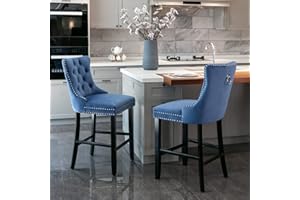 HomeTouch Luxury Velvet Bar Stools Set of 2 Kitchen Breakfast Bar Stools Wooden Legs Chairs for Counter (2, Blue)