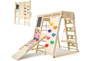 SOFTHOM Maxi Klettergerüst Indoor Montessori 10-in-1 Spielplatz für Kinder ab 1 Jahr, Klappbares Klettergerüst mit Tafel, Rutsche, Kletternetz, Multifunktions-Kletterset,Holz Kletterturm-Natur
