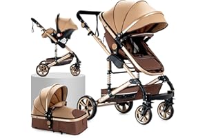Prokoke Kinderwagen 3 in 1, Buggy mit Umkehrbarem Zwei-Wege-Schub, Kinderwagen mit Rahmen Aluminiumlegierung, Kombikinderwagen 3 in 1 mit Einem Klick Faltbar Neugeborene Baby Kleinkind (739 Beige)