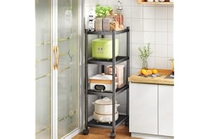 SAYZH Shelving Unit, 4 Tier Metal Kitchen Trolley on Wheels, Multifunctional Heavy Duty Narrow Storage Shelves Rack with Wheels and Anti-slip Feet for Garage, kitchen, Office, Bookroom, Corner, Black