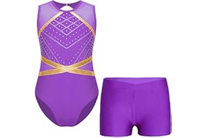 JanJean Enfant Fille Justaucorps De Gymnastique Sans Manche Léotard & Short Combinaison De Danse Yoga Sport Jogging Sportwear 3-14 Ans