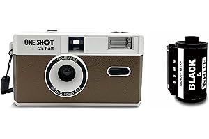 1 Shot Point and Shoot 35mm Film Camera, Reusable Retro Half Frame Camera, Built in Flash, Included One Roll ASA/ISO 400 Black & White Film 18 Exp.(36 Shots) Battery Not Included (Brown Color)