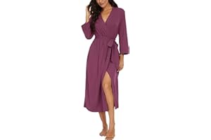 PrinStory Damen Bademantel Leichter 3/4 Ärmeln Morgenmantel V-Ausschnitt Kimono Roben Langes Nachtwäsche