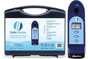 Safe Swim Meter - Digital Testing for Pools & Hot Tubs - Free Chlorine, Combined Chlorine, Total Chlorine, Bromine, Copper, pH, & Total Alkalinity. (Safe Swim Digital Meter)