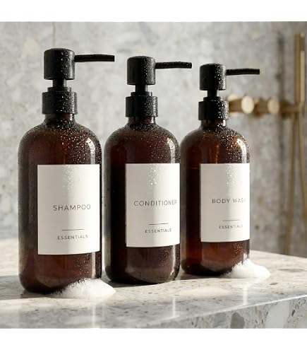 DIDROOM Set 3 Dispenser Per Shampoo E Balsamo: Bottiglie Vuote Ricaricabili Da 595ml, Con Etichette Permanenti, Per Doccia E Bagno