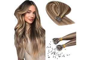 Benehair Nano Beads Hair Extensions #4/27 Medium Brown Mix Dark Blonde Invisible Remy Straight Real Human 18 Inches (35g) Nano Loop Hair Extensions 50 Strands