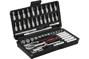 HSEAMALL Juego de 53 llaves de carraca, caja de carraca pequeña de 1/4 pulgadas, juego de llaves de carraca y de vaso para tornillos Torx, cruz, ranura y hexagonal interior CR-V, juego de herramientas