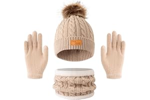 Bekecidi Juego de guantes de invierno para niños, 3 en 1, gorro para niños, bufanda, gorro de invierno, guantes redondos, conjunto de gorro de punto, gorros cálidos para niños de 3 a 12 años
