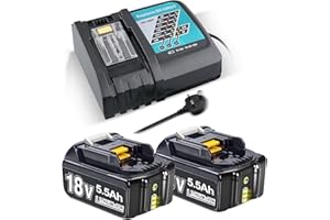BATTOOL 2 x Battery 18 V 5.5 Ah Replacement Battery for Battery 18 V with DC18RC Charger Compatible with BL1860 BL1860B BL1850 BL1850B BL1840 BL1830 BL1820 LXT400 DC18RA DC18RC DC18RD