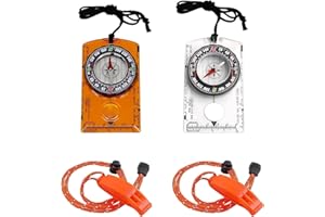 KGJAXF 4Pcs Hiking Compass and Whistle Set, Camping Whistle with Adjustable Reflective Lanyards, Orienteering Navigation Tools for Camping, Trekking & Map Reading, Adults & Kids Exploration Gear